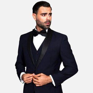 Statement Men's Navy with Black Lapel Vested 100% Wool Tuxedo
